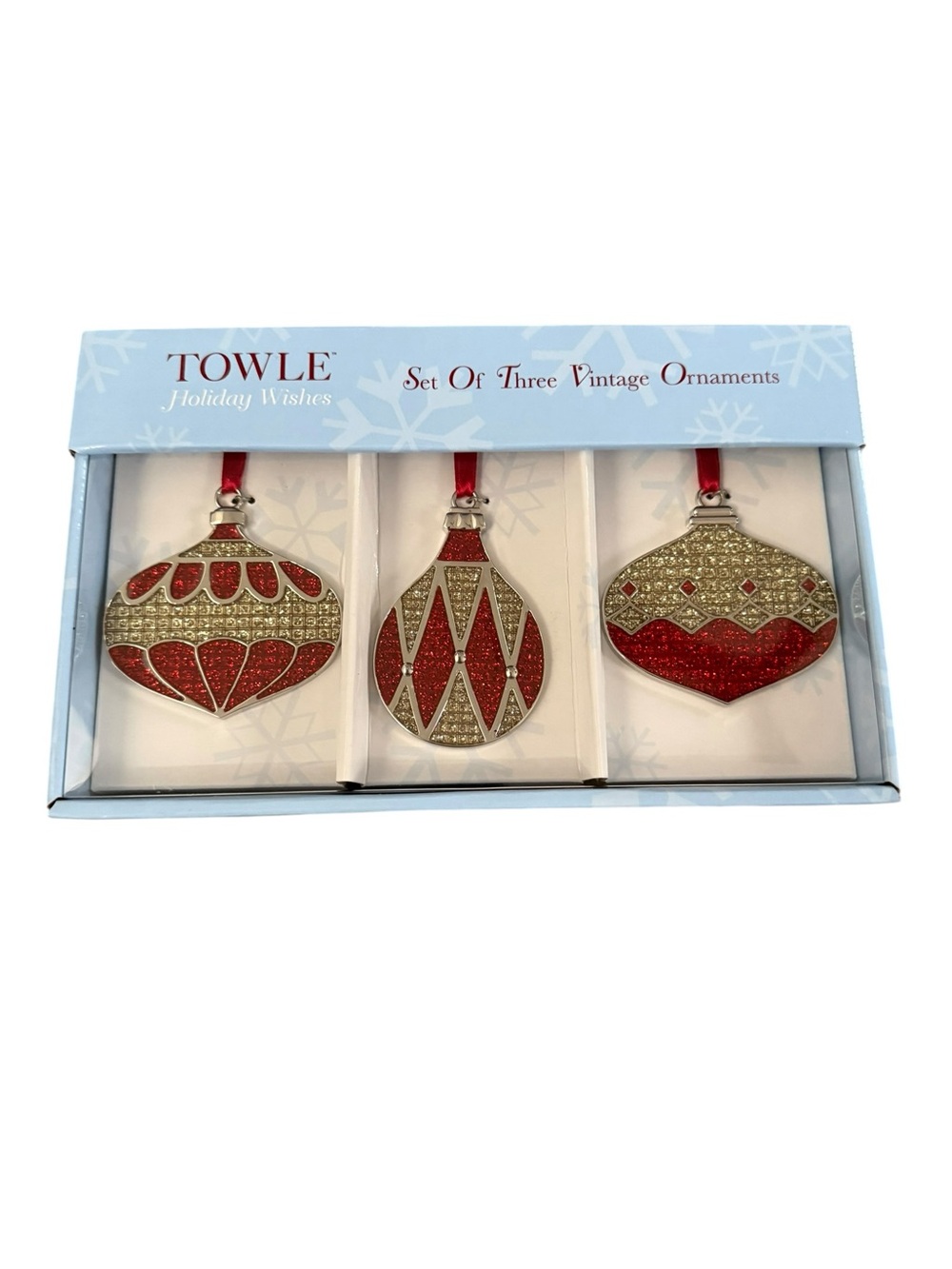 TOWLE Holiday Wishes Set of 3 Vintage Style Red & Gold Glitter Ornaments, New!